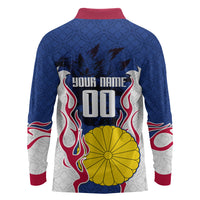 Personalized Japan Football Kitsune Mascot Long Sleeve Polo Shirt Samurai Blue Chrysanthemum Flame