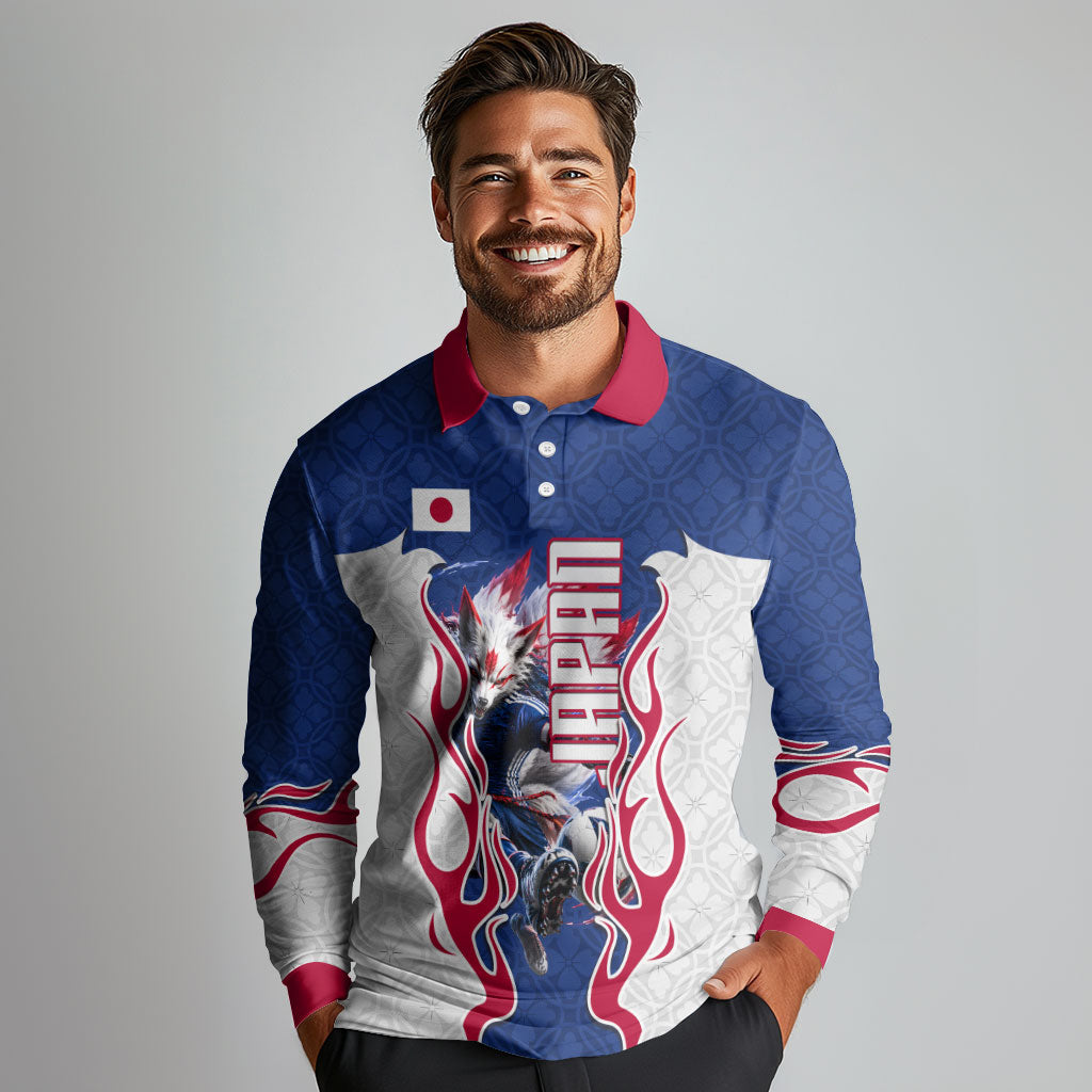 Personalized Japan Football Kitsune Mascot Long Sleeve Polo Shirt Samurai Blue Chrysanthemum Flame