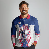 Personalized Japan Football Kitsune Mascot Long Sleeve Polo Shirt Samurai Blue Chrysanthemum Flame