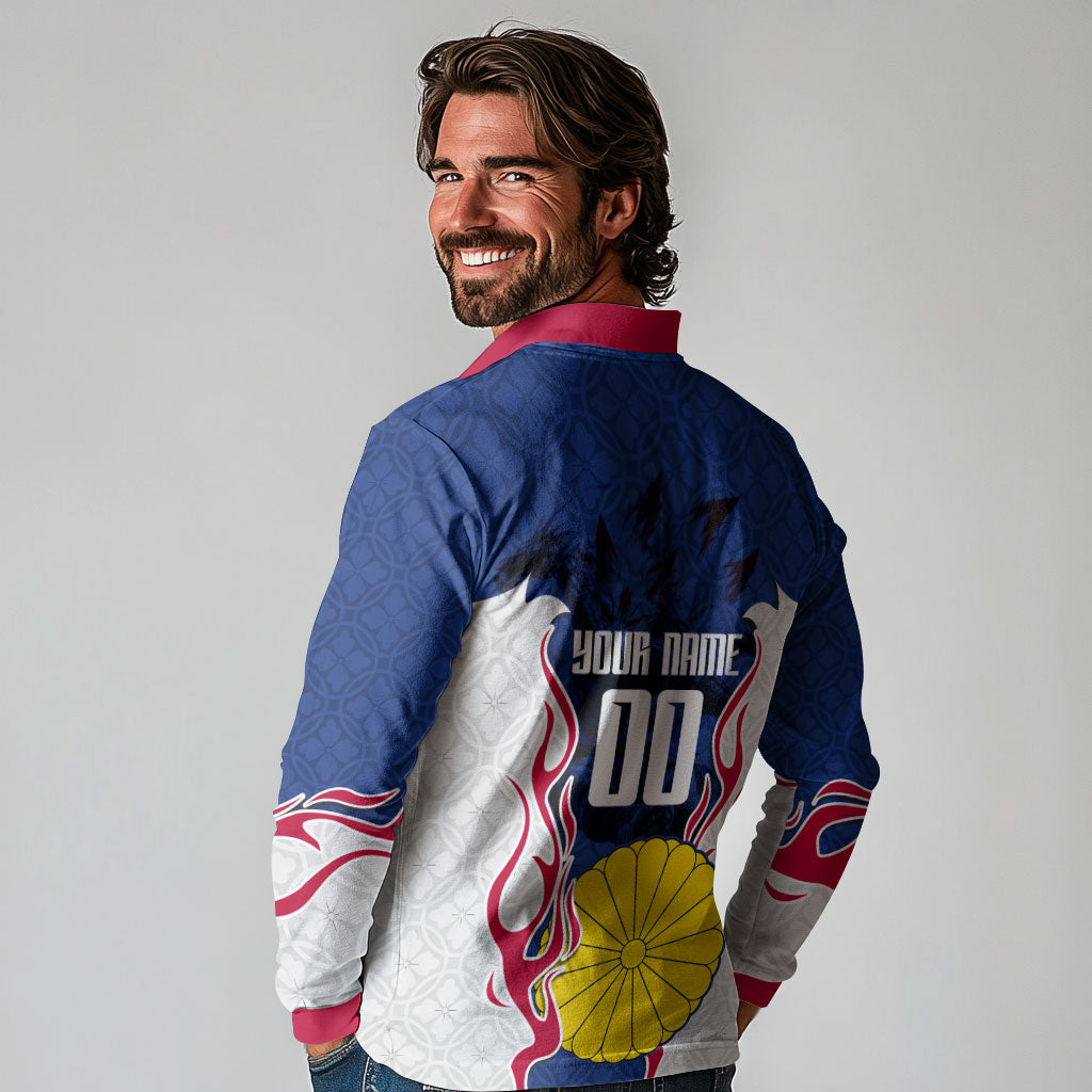 Personalized Japan Football Kitsune Mascot Long Sleeve Polo Shirt Samurai Blue Chrysanthemum Flame