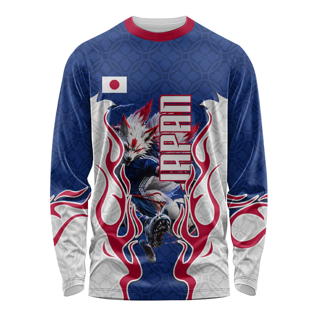 Personalized Japan Football Kitsune Mascot Long Sleeve Shirt Samurai Blue Chrysanthemum Flame
