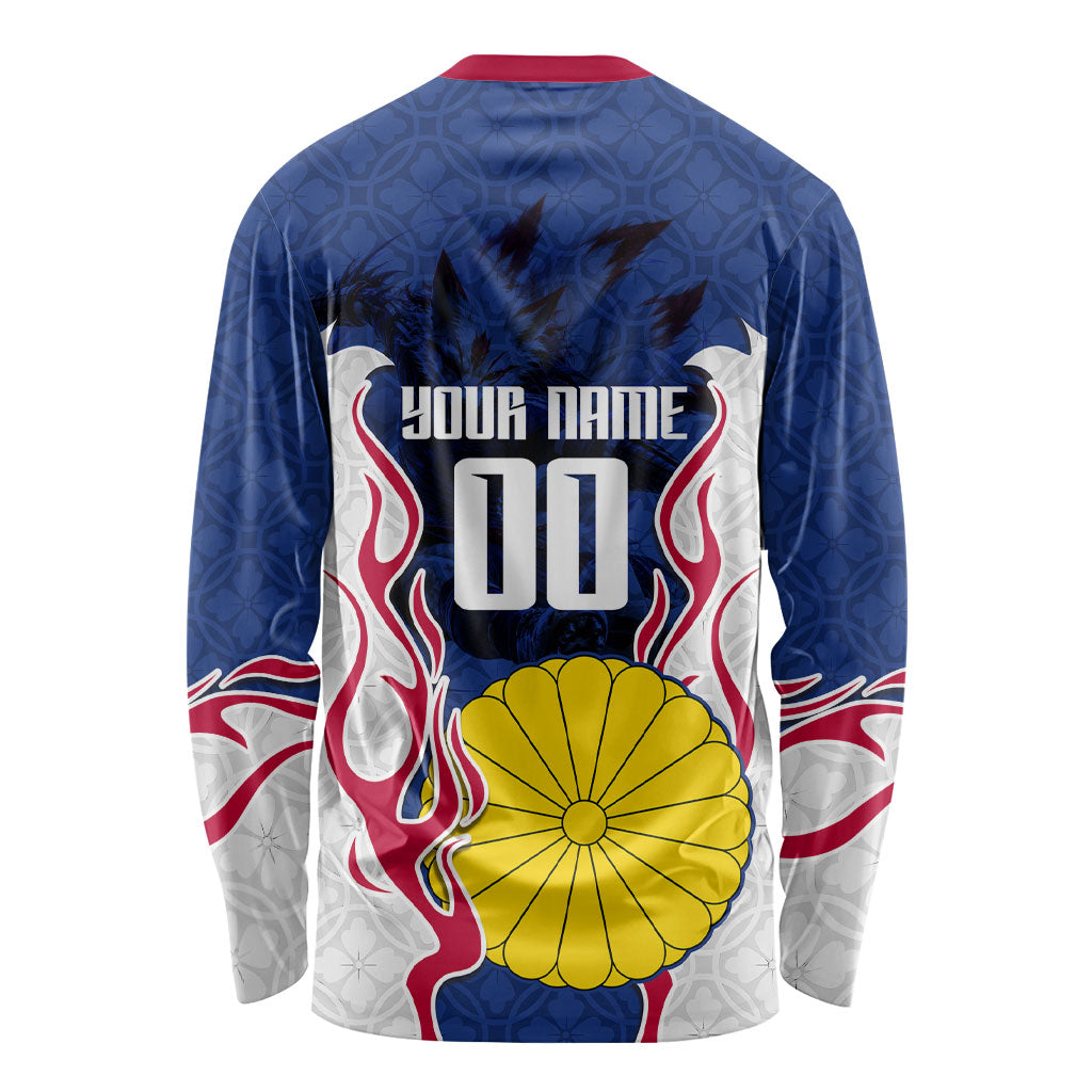 Personalized Japan Football Kitsune Mascot Long Sleeve Shirt Samurai Blue Chrysanthemum Flame