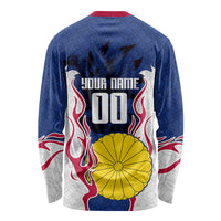 Personalized Japan Football Kitsune Mascot Long Sleeve Shirt Samurai Blue Chrysanthemum Flame