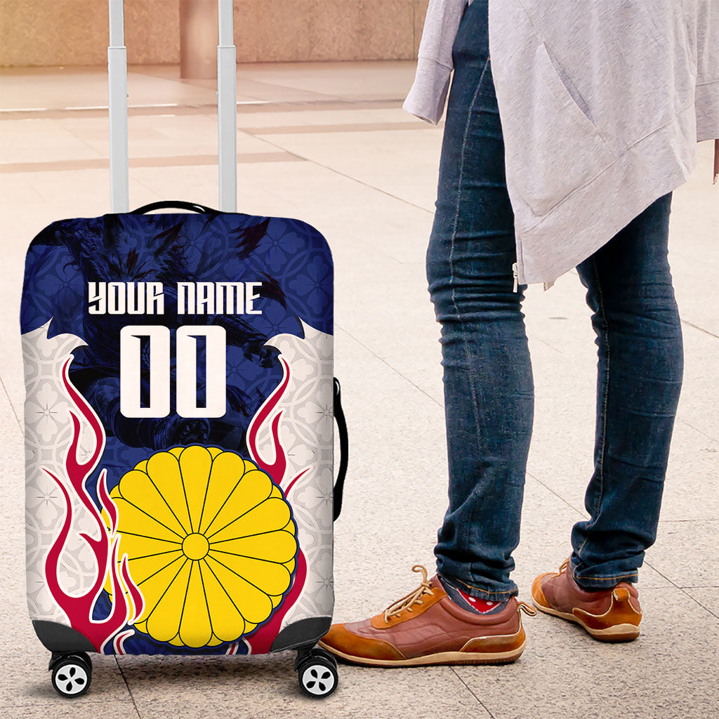 Personalized Japan Football Kitsune Mascot Luggage Cover Samurai Blue Chrysanthemum Flame