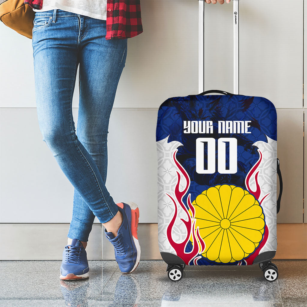Personalized Japan Football Kitsune Mascot Luggage Cover Samurai Blue Chrysanthemum Flame