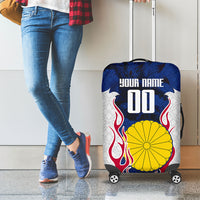 Personalized Japan Football Kitsune Mascot Luggage Cover Samurai Blue Chrysanthemum Flame