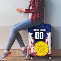 Personalized Japan Football Kitsune Mascot Luggage Cover Samurai Blue Chrysanthemum Flame