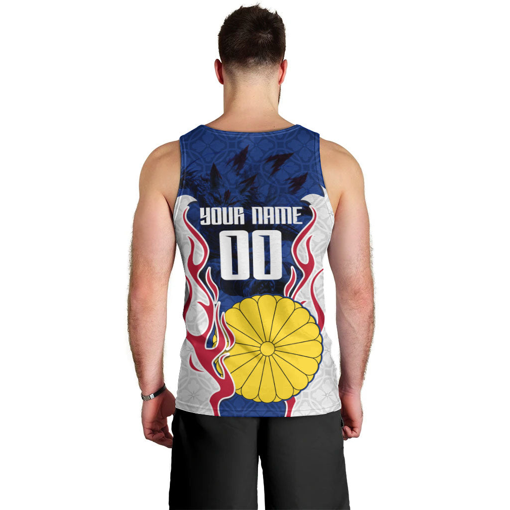 Personalized Japan Football Kitsune Mascot Men Tank Top Samurai Blue Chrysanthemum Flame