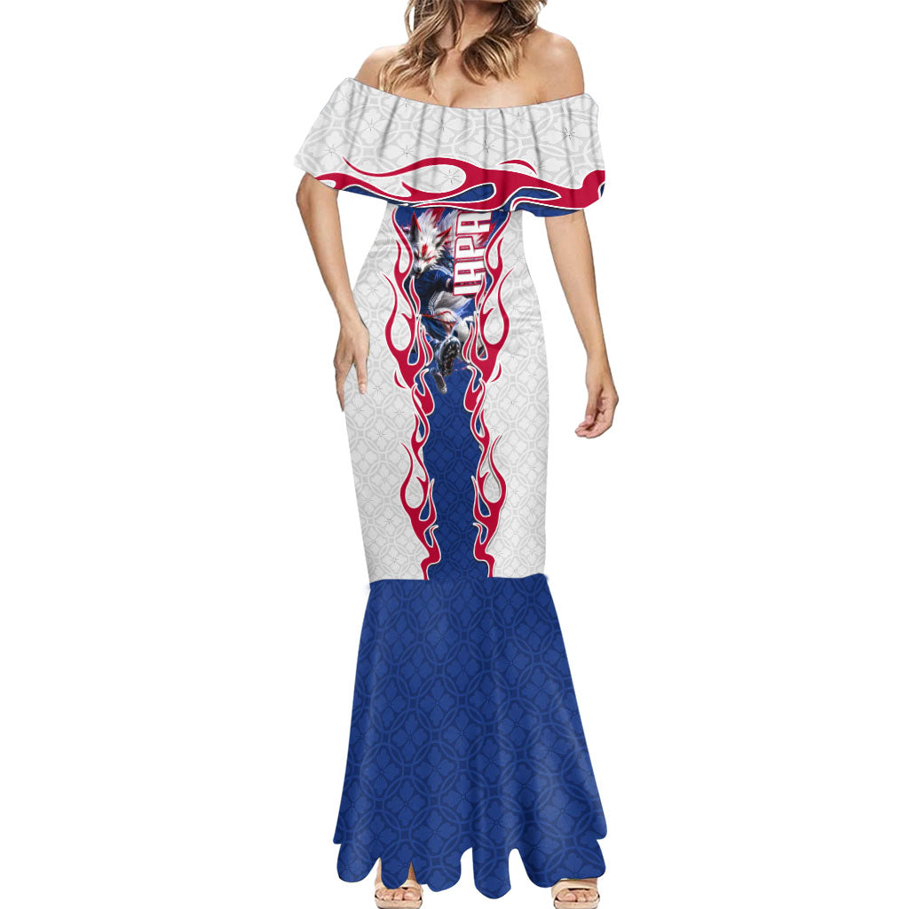 Personalized Japan Football Kitsune Mascot Mermaid Dress Samurai Blue Chrysanthemum Flame