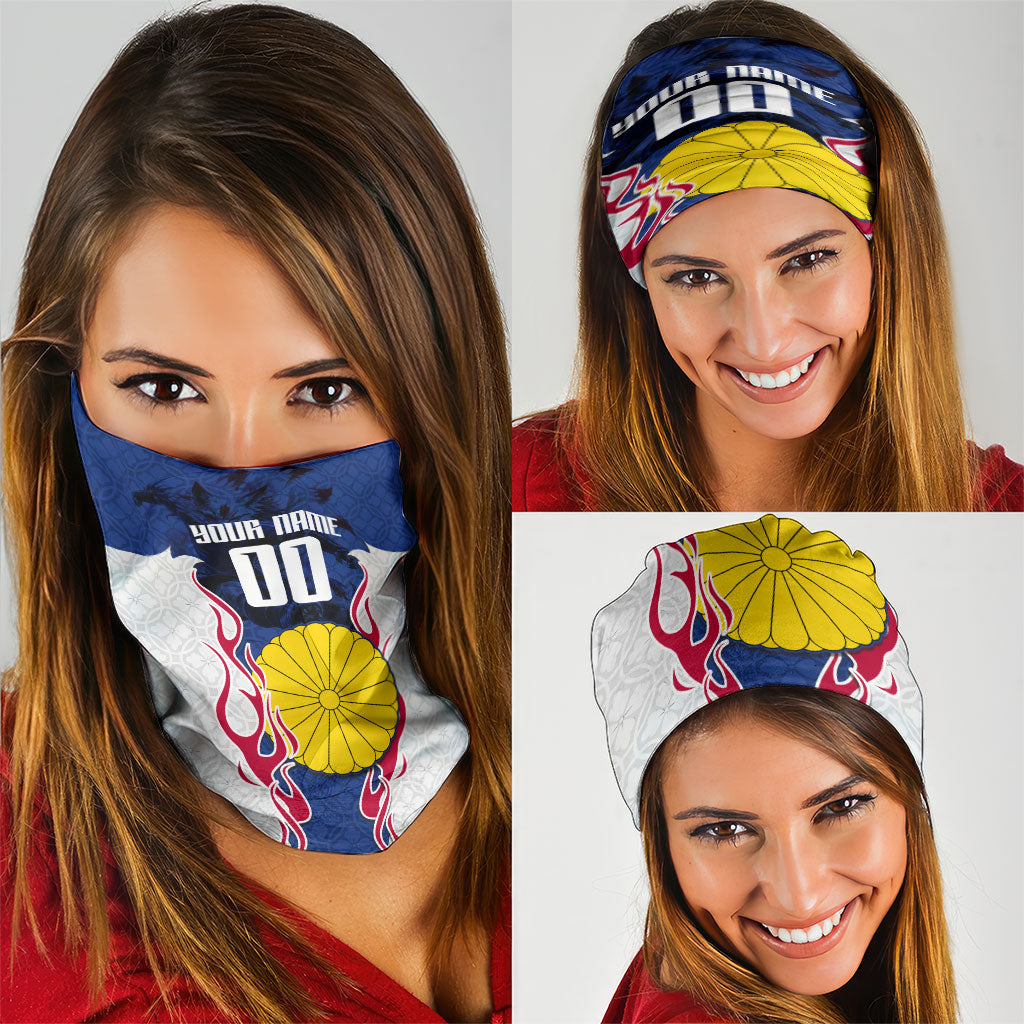 Personalized Japan Football Kitsune Mascot Neck Gaiter Samurai Blue Chrysanthemum Flame