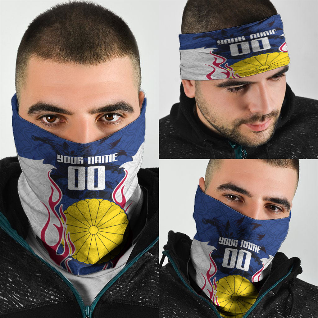 Personalized Japan Football Kitsune Mascot Neck Gaiter Samurai Blue Chrysanthemum Flame