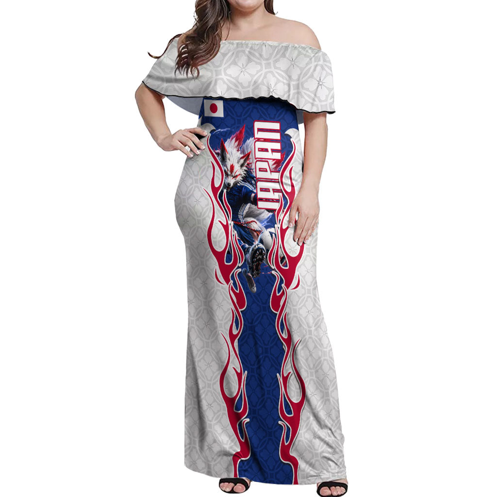 Personalized Japan Football Kitsune Mascot Off Shoulder Maxi Dress Samurai Blue Chrysanthemum Flame