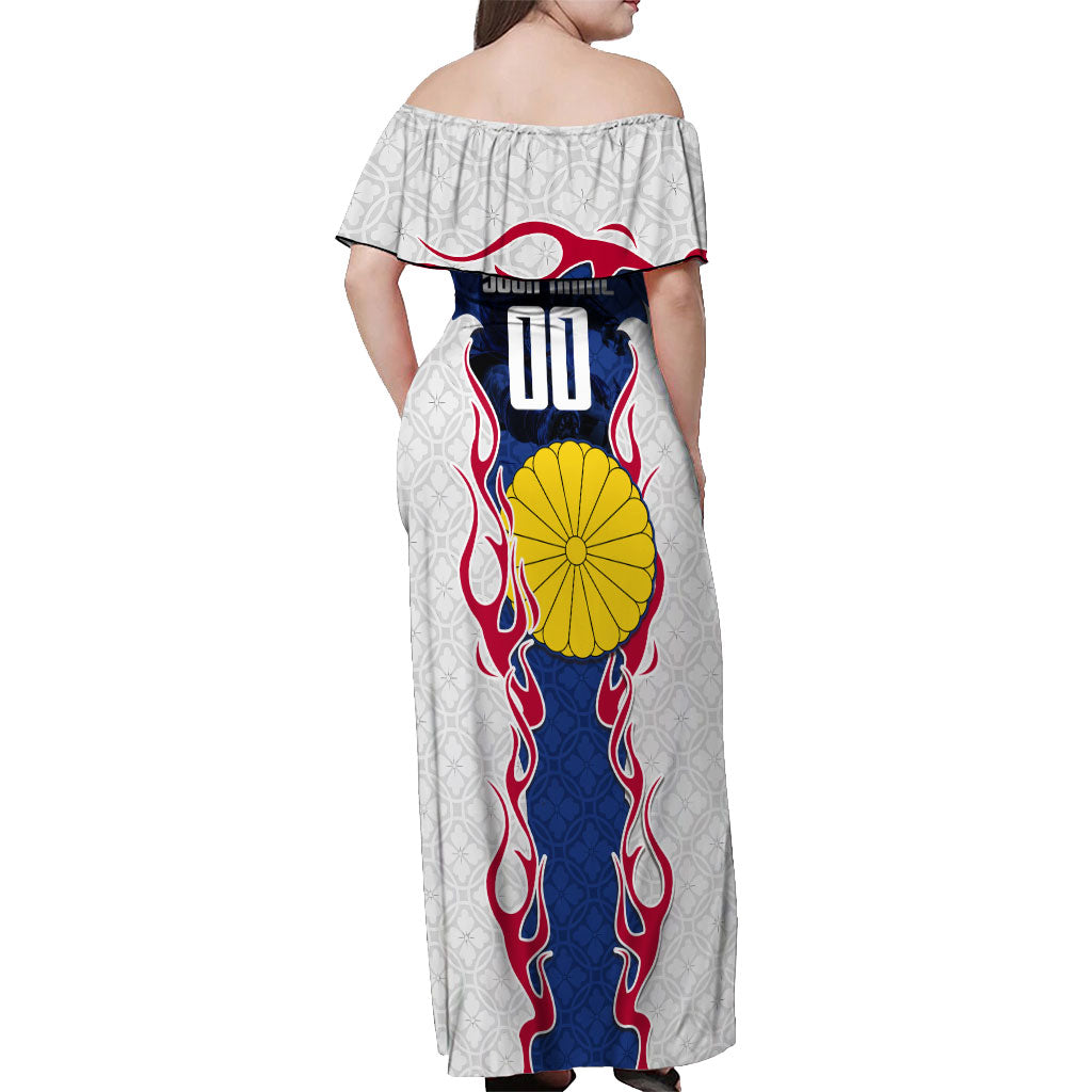 Personalized Japan Football Kitsune Mascot Off Shoulder Maxi Dress Samurai Blue Chrysanthemum Flame