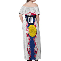 Personalized Japan Football Kitsune Mascot Off Shoulder Maxi Dress Samurai Blue Chrysanthemum Flame