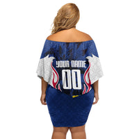Personalized Japan Football Kitsune Mascot Off Shoulder Short Dress Samurai Blue Chrysanthemum Flame