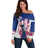 Personalized Japan Football Kitsune Mascot Off Shoulder Sweater Samurai Blue Chrysanthemum Flame