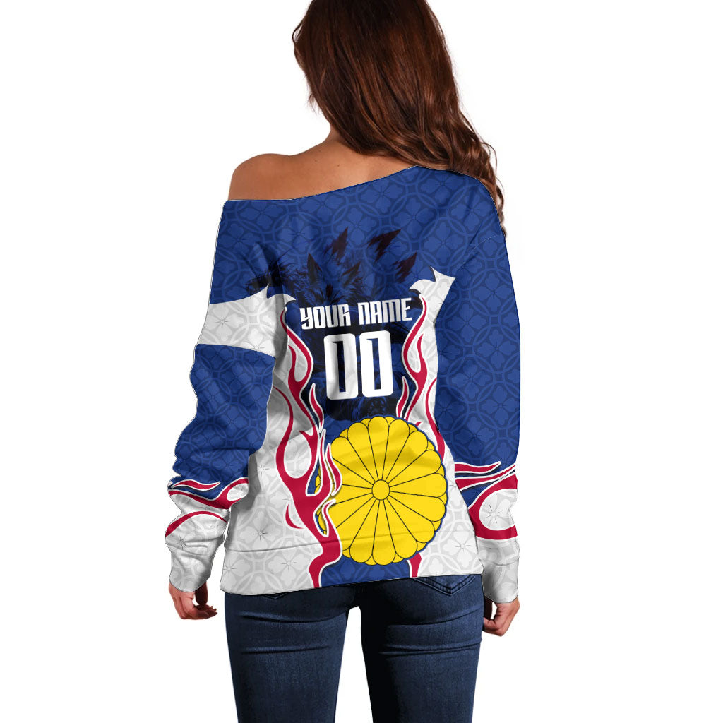 Personalized Japan Football Kitsune Mascot Off Shoulder Sweater Samurai Blue Chrysanthemum Flame