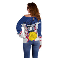 Personalized Japan Football Kitsune Mascot Off Shoulder Sweater Samurai Blue Chrysanthemum Flame