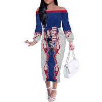 Personalized Japan Football Kitsune Mascot Off The Shoulder Long Sleeve Dress Samurai Blue Chrysanthemum Flame