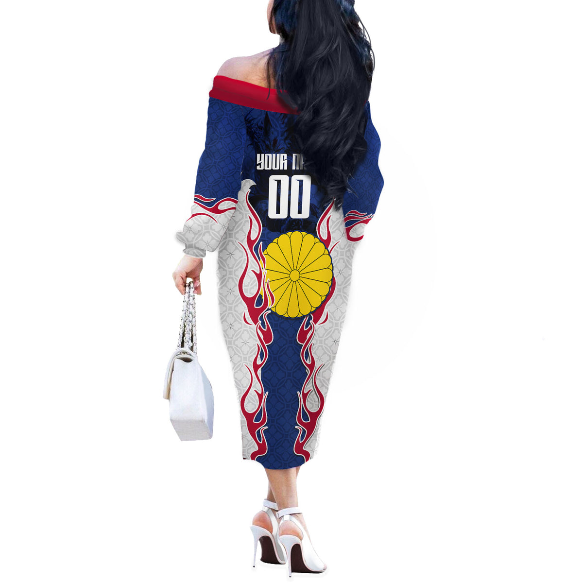 Personalized Japan Football Kitsune Mascot Off The Shoulder Long Sleeve Dress Samurai Blue Chrysanthemum Flame