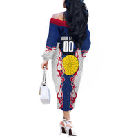 Personalized Japan Football Kitsune Mascot Off The Shoulder Long Sleeve Dress Samurai Blue Chrysanthemum Flame