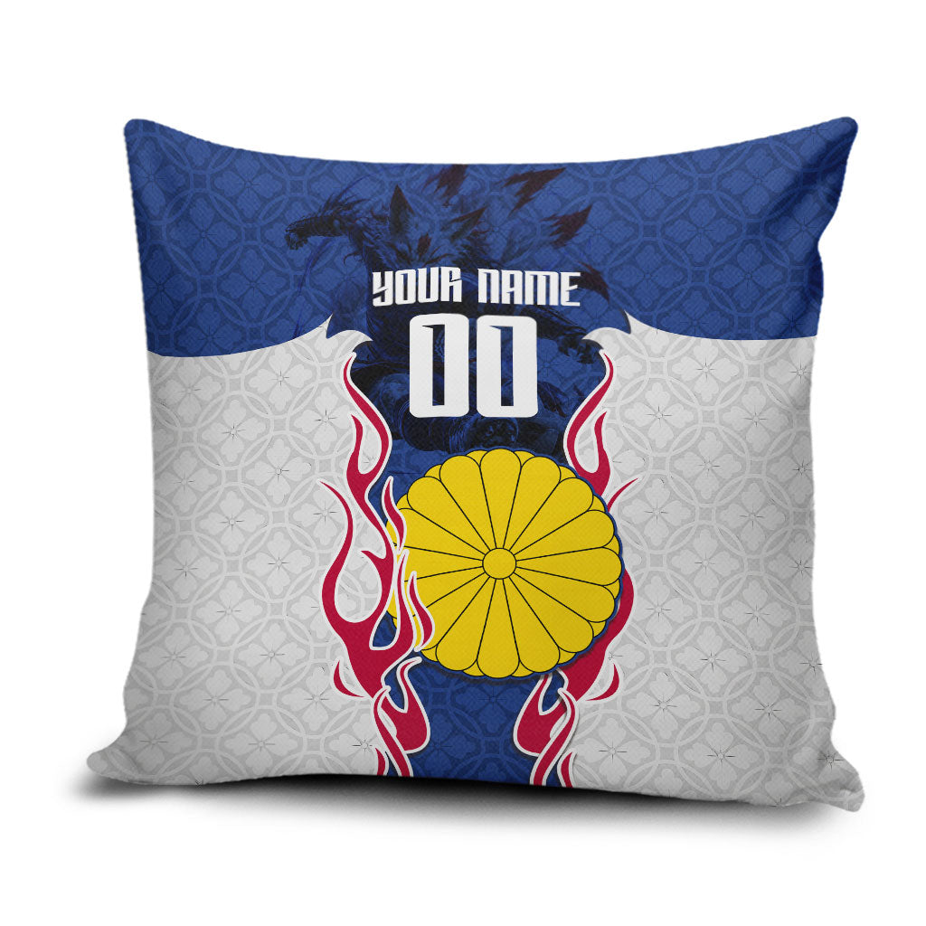Personalized Japan Football Kitsune Mascot Pillow Cover Samurai Blue Chrysanthemum Flame