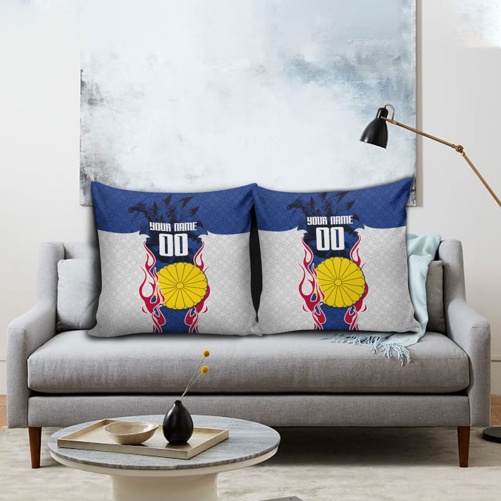 Personalized Japan Football Kitsune Mascot Pillow Cover Samurai Blue Chrysanthemum Flame