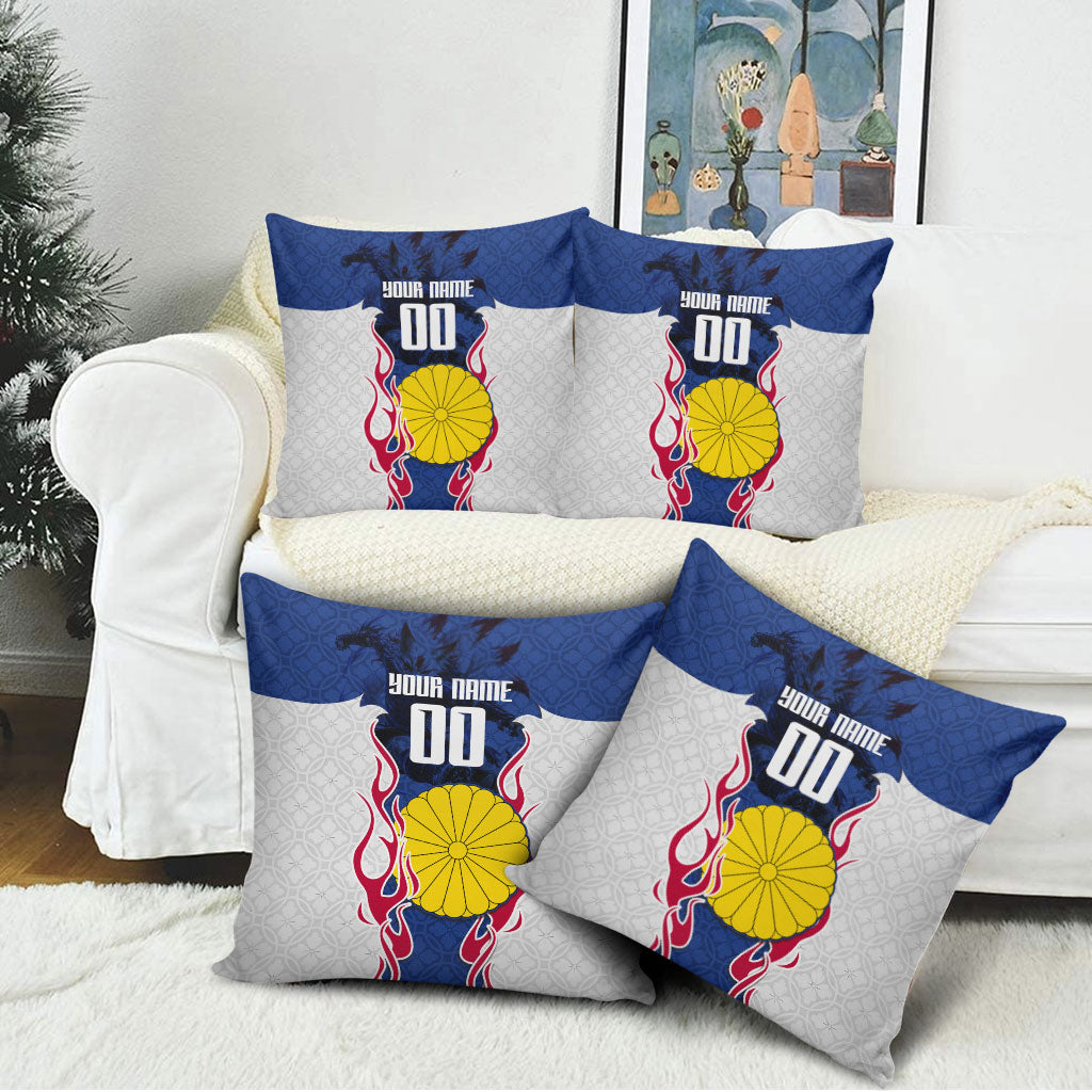 Personalized Japan Football Kitsune Mascot Pillow Cover Samurai Blue Chrysanthemum Flame