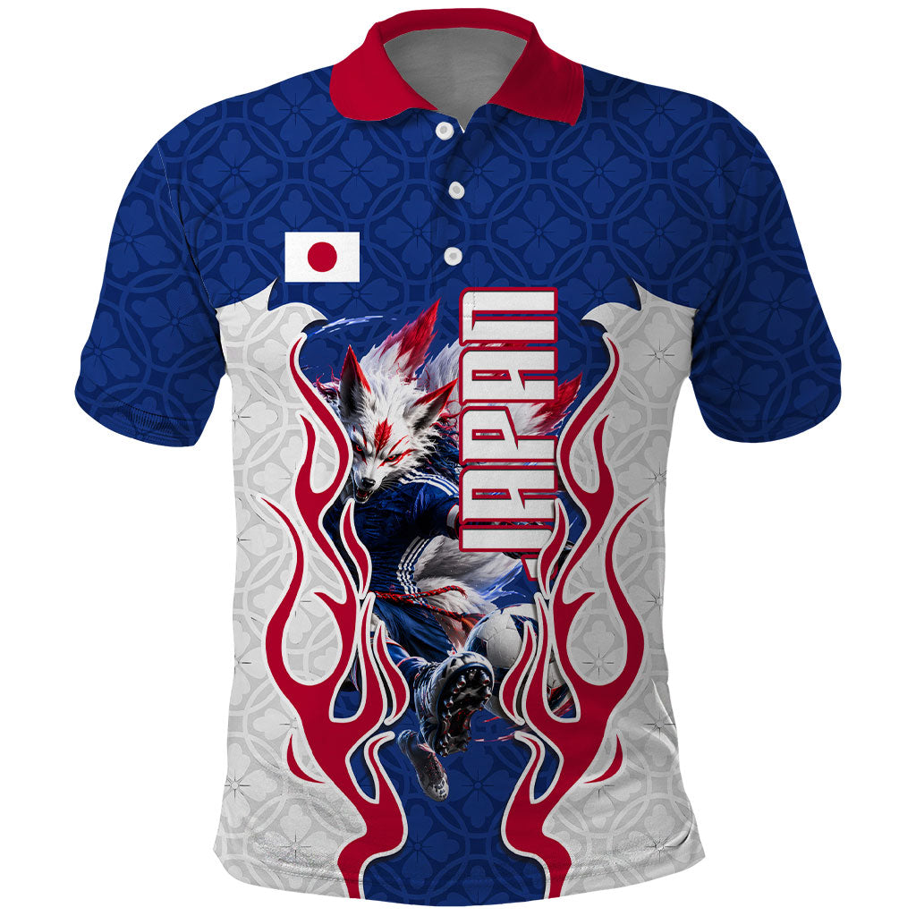 Personalized Japan Football Kitsune Mascot Polo Shirt Samurai Blue Chrysanthemum Flame