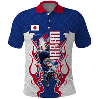 Personalized Japan Football Kitsune Mascot Polo Shirt Samurai Blue Chrysanthemum Flame