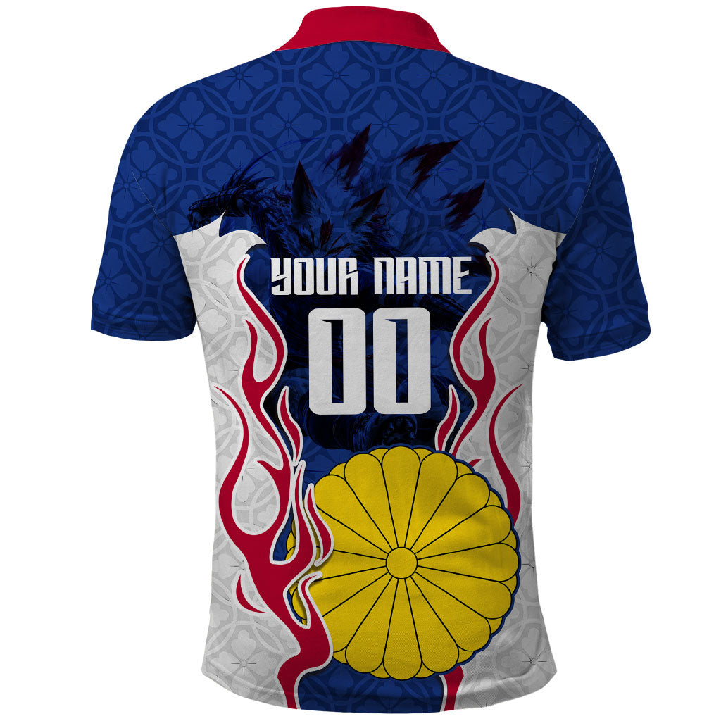 Personalized Japan Football Kitsune Mascot Polo Shirt Samurai Blue Chrysanthemum Flame