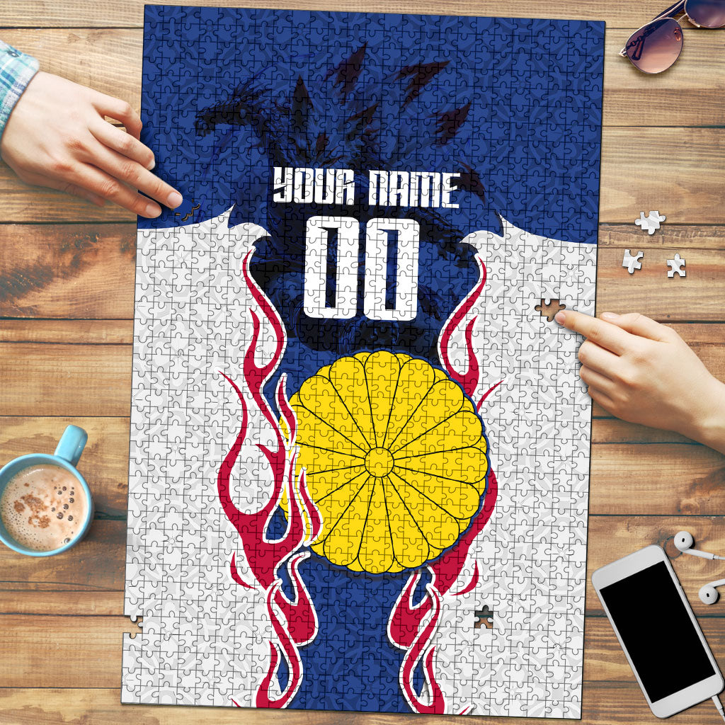 Personalized Japan Football Kitsune Mascot Puzzle Samurai Blue Chrysanthemum Flame