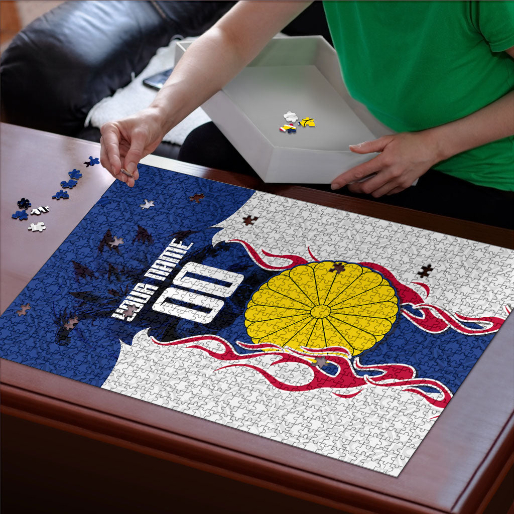 Personalized Japan Football Kitsune Mascot Puzzle Samurai Blue Chrysanthemum Flame