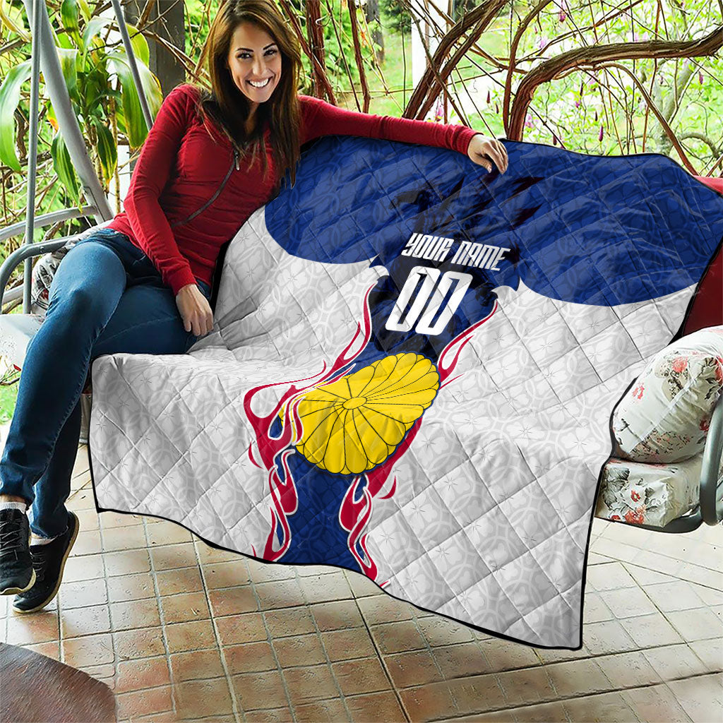 Personalized Japan Football Kitsune Mascot Quilt Samurai Blue Chrysanthemum Flame