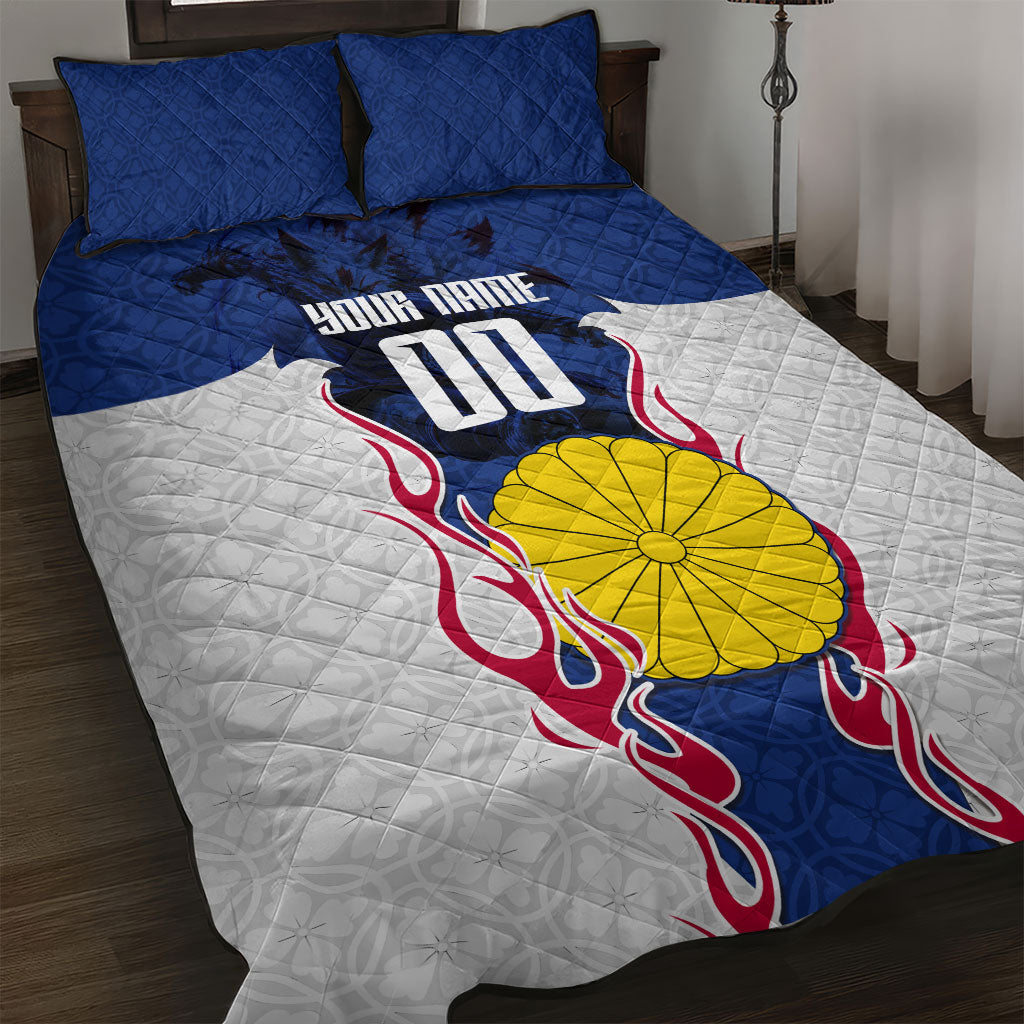 Personalized Japan Football Kitsune Mascot Quilt Bed Set Samurai Blue Chrysanthemum Flame