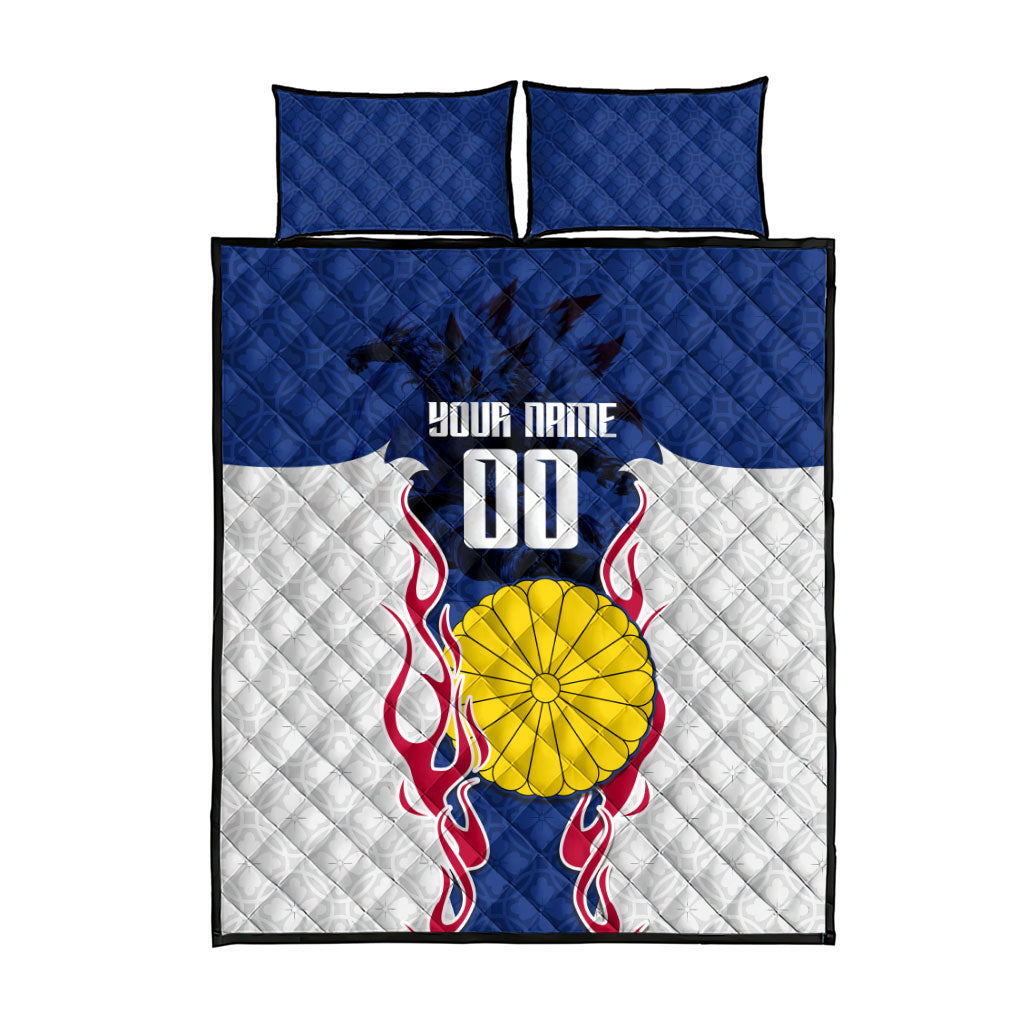 Personalized Japan Football Kitsune Mascot Quilt Bed Set Samurai Blue Chrysanthemum Flame