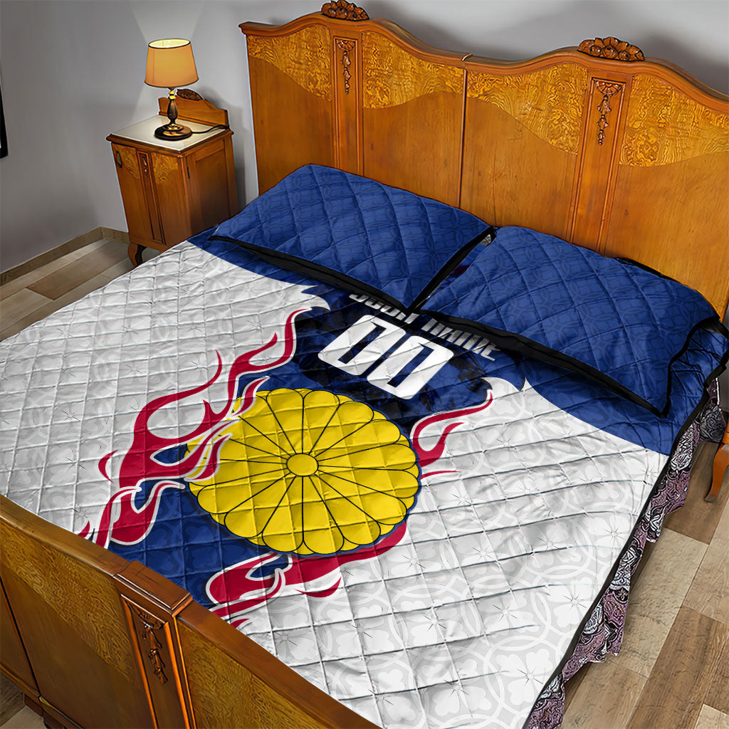 Personalized Japan Football Kitsune Mascot Quilt Bed Set Samurai Blue Chrysanthemum Flame