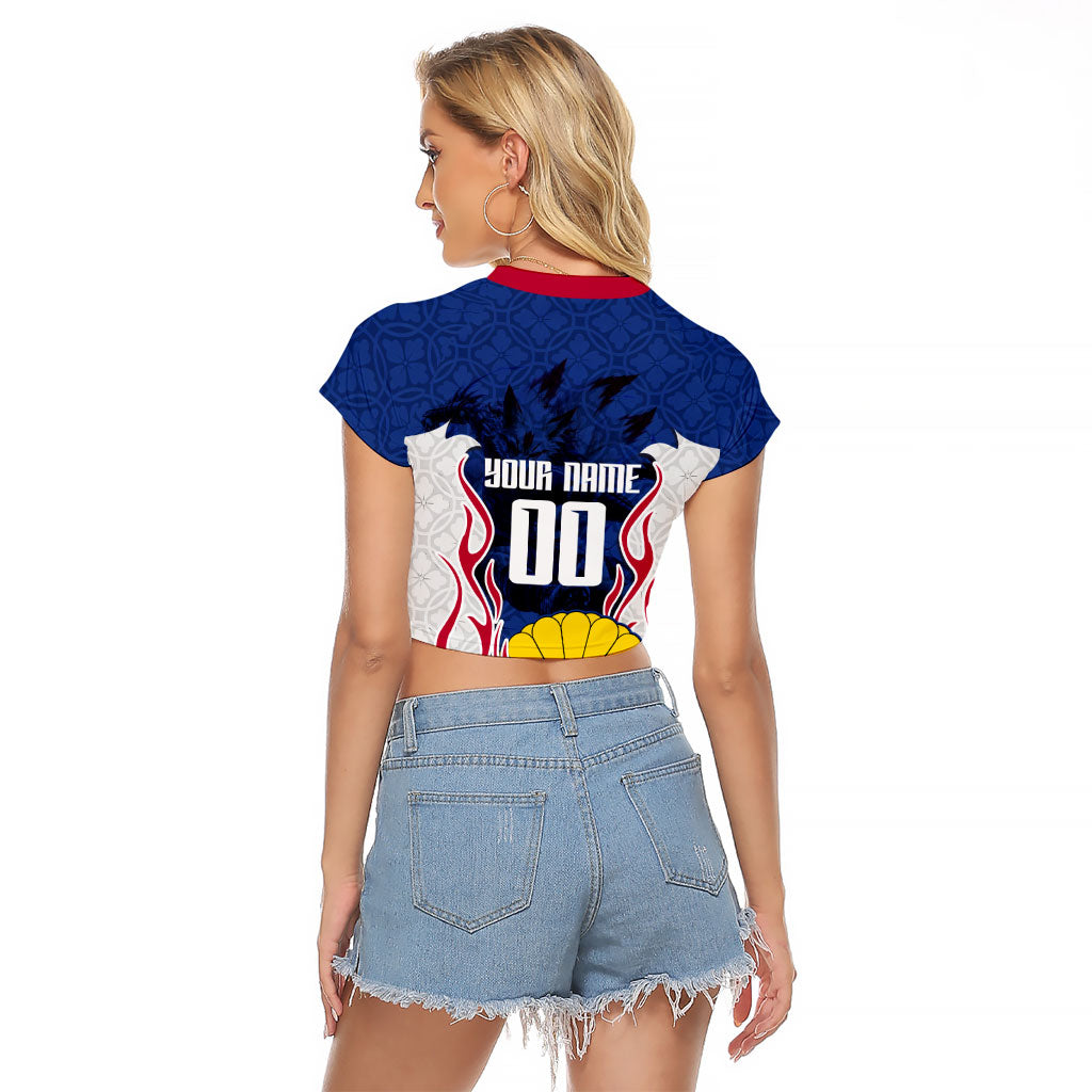 Personalized Japan Football Kitsune Mascot Raglan Cropped T Shirt Samurai Blue Chrysanthemum Flame