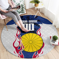 Personalized Japan Football Kitsune Mascot Round Carpet Samurai Blue Chrysanthemum Flame