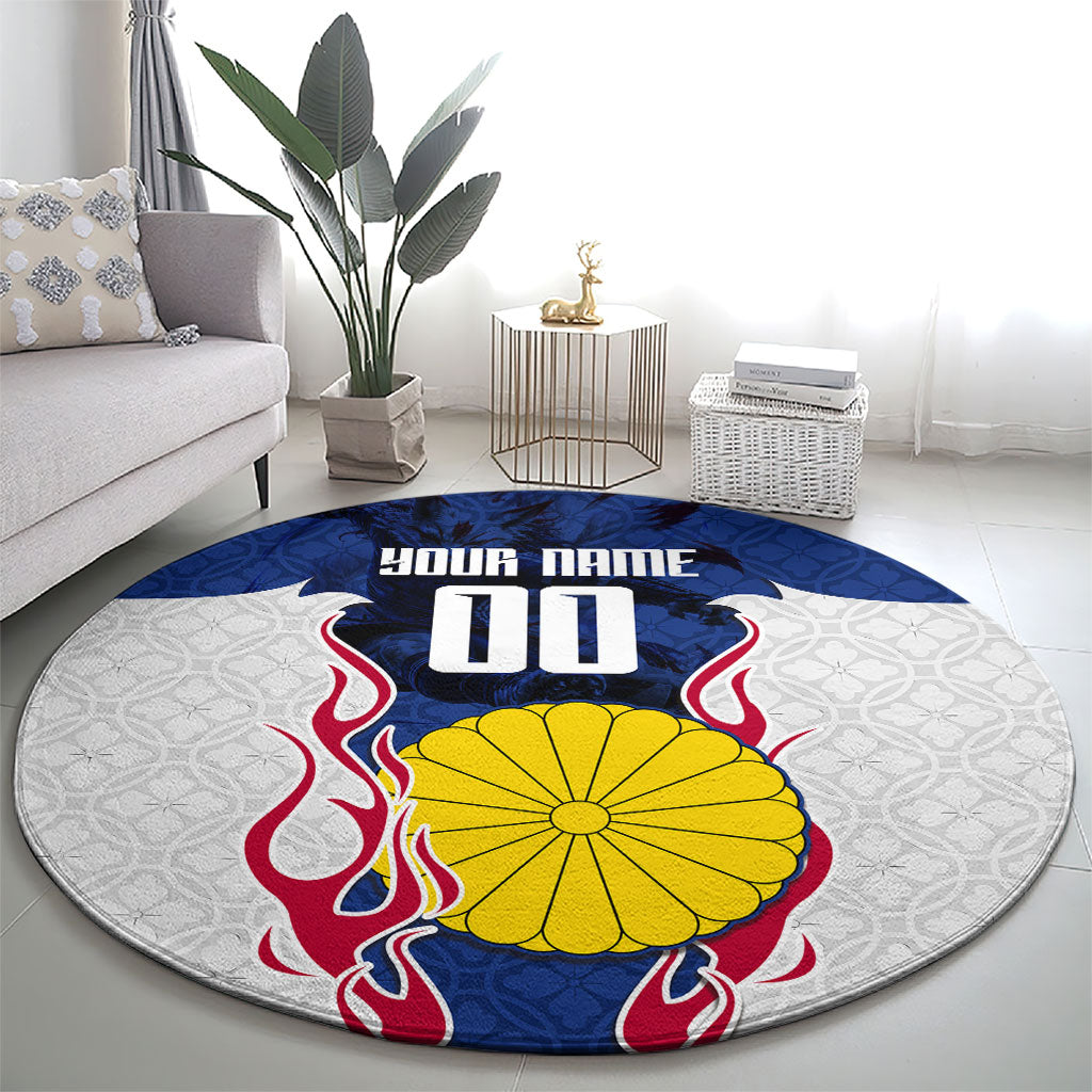 Personalized Japan Football Kitsune Mascot Round Carpet Samurai Blue Chrysanthemum Flame