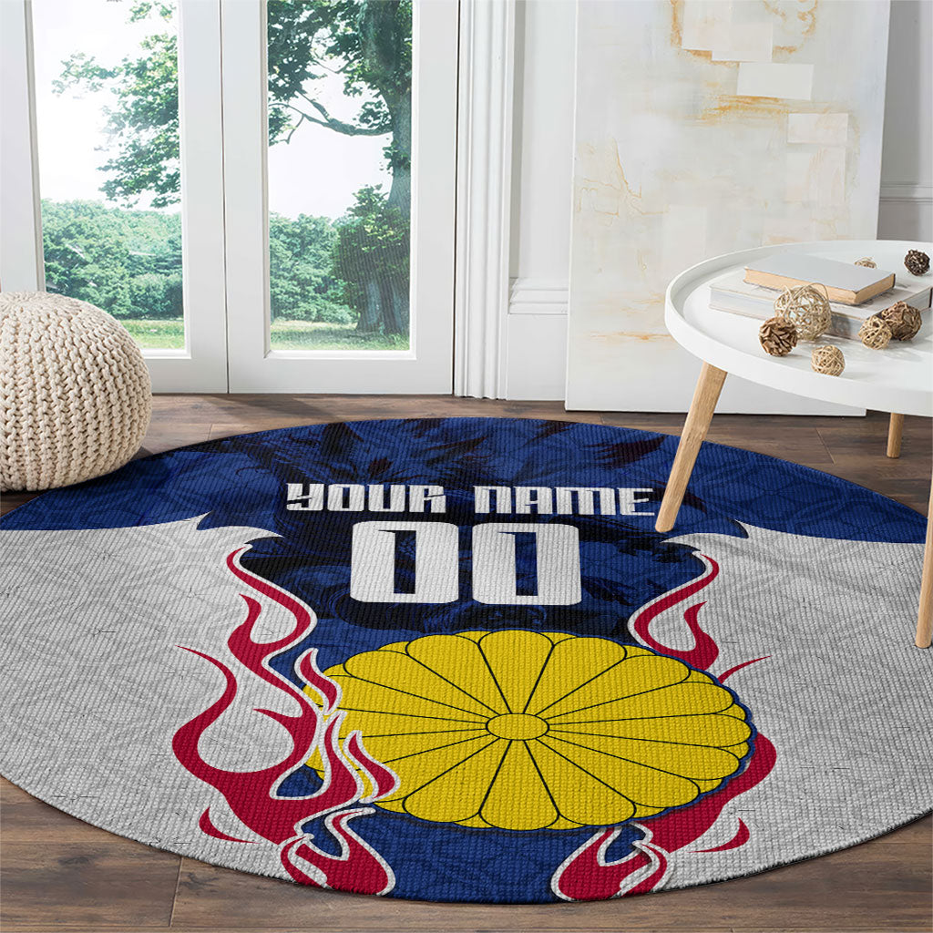Personalized Japan Football Kitsune Mascot Round Carpet Samurai Blue Chrysanthemum Flame