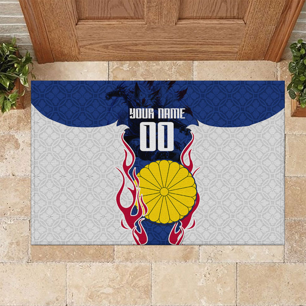 Personalized Japan Football Kitsune Mascot Rubber Doormat Samurai Blue Chrysanthemum Flame