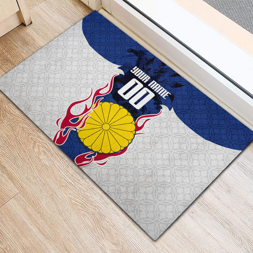 Personalized Japan Football Kitsune Mascot Rubber Doormat Samurai Blue Chrysanthemum Flame