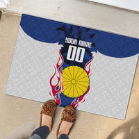 Personalized Japan Football Kitsune Mascot Rubber Doormat Samurai Blue Chrysanthemum Flame