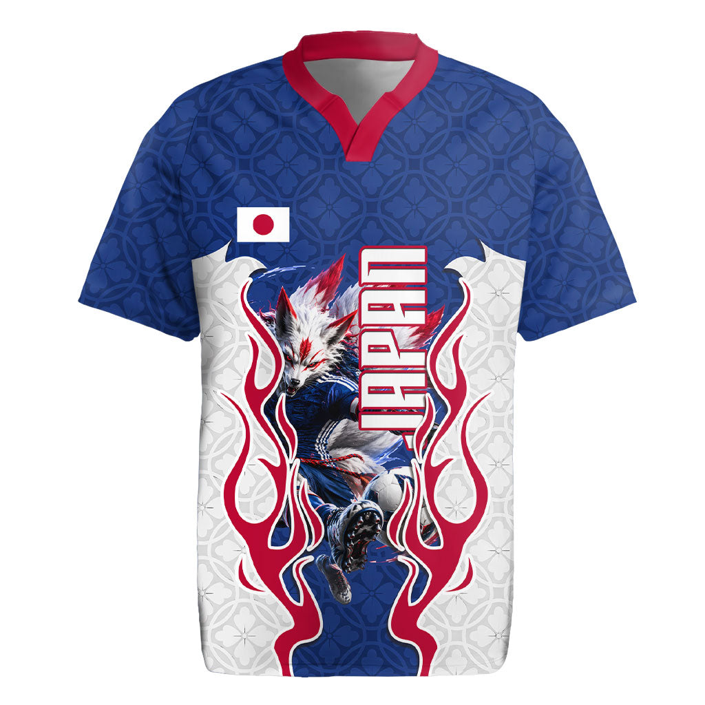Personalized Japan Football Kitsune Mascot Rugby Jersey Samurai Blue Chrysanthemum Flame