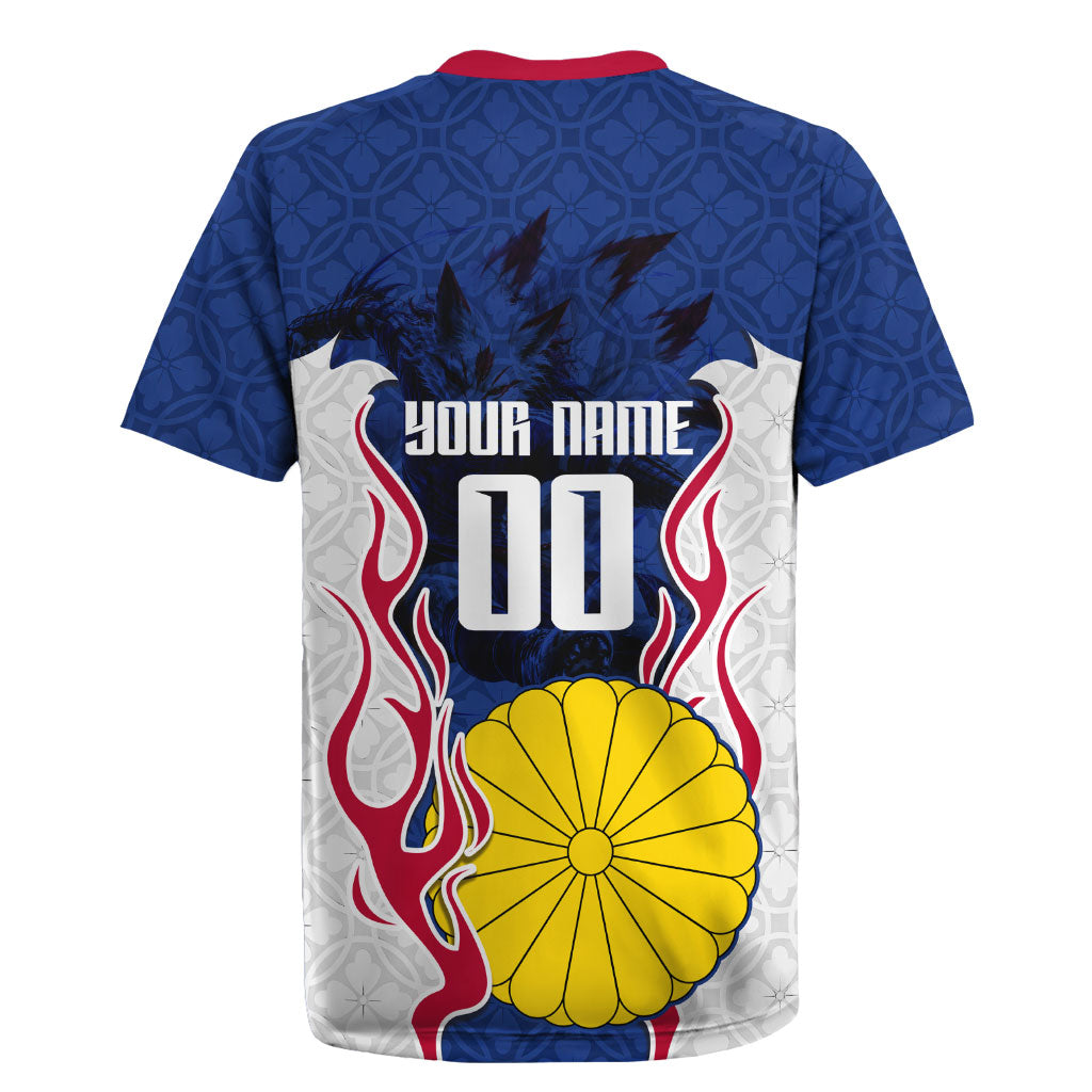 Personalized Japan Football Kitsune Mascot Rugby Jersey Samurai Blue Chrysanthemum Flame