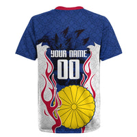Personalized Japan Football Kitsune Mascot Rugby Jersey Samurai Blue Chrysanthemum Flame