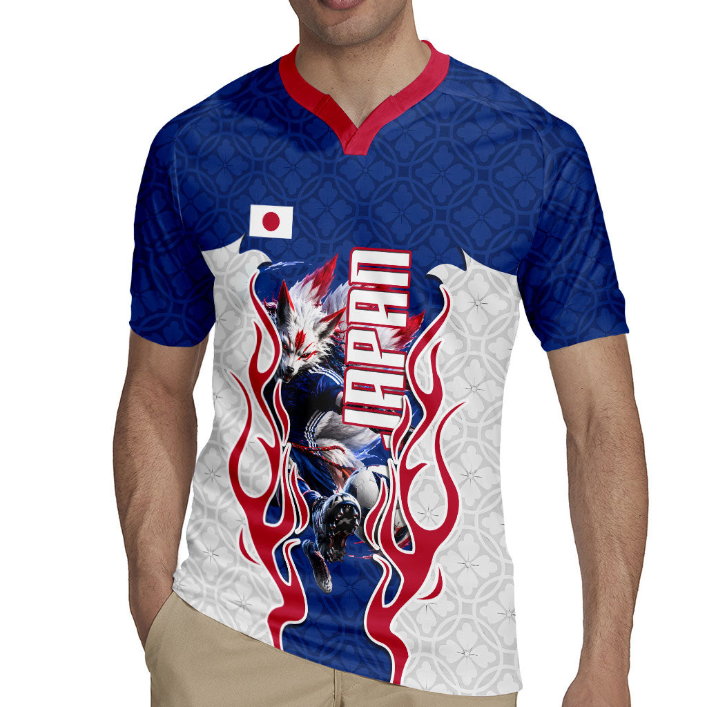 Personalized Japan Football Kitsune Mascot Rugby Jersey Samurai Blue Chrysanthemum Flame