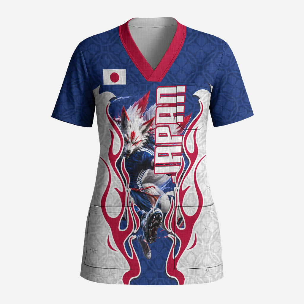 Personalized Japan Football Kitsune Mascot Scrub Top Samurai Blue Chrysanthemum Flame