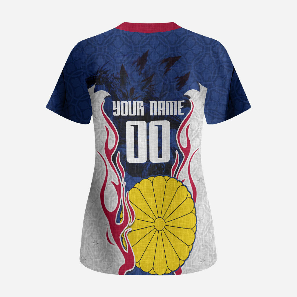 Personalized Japan Football Kitsune Mascot Scrub Top Samurai Blue Chrysanthemum Flame